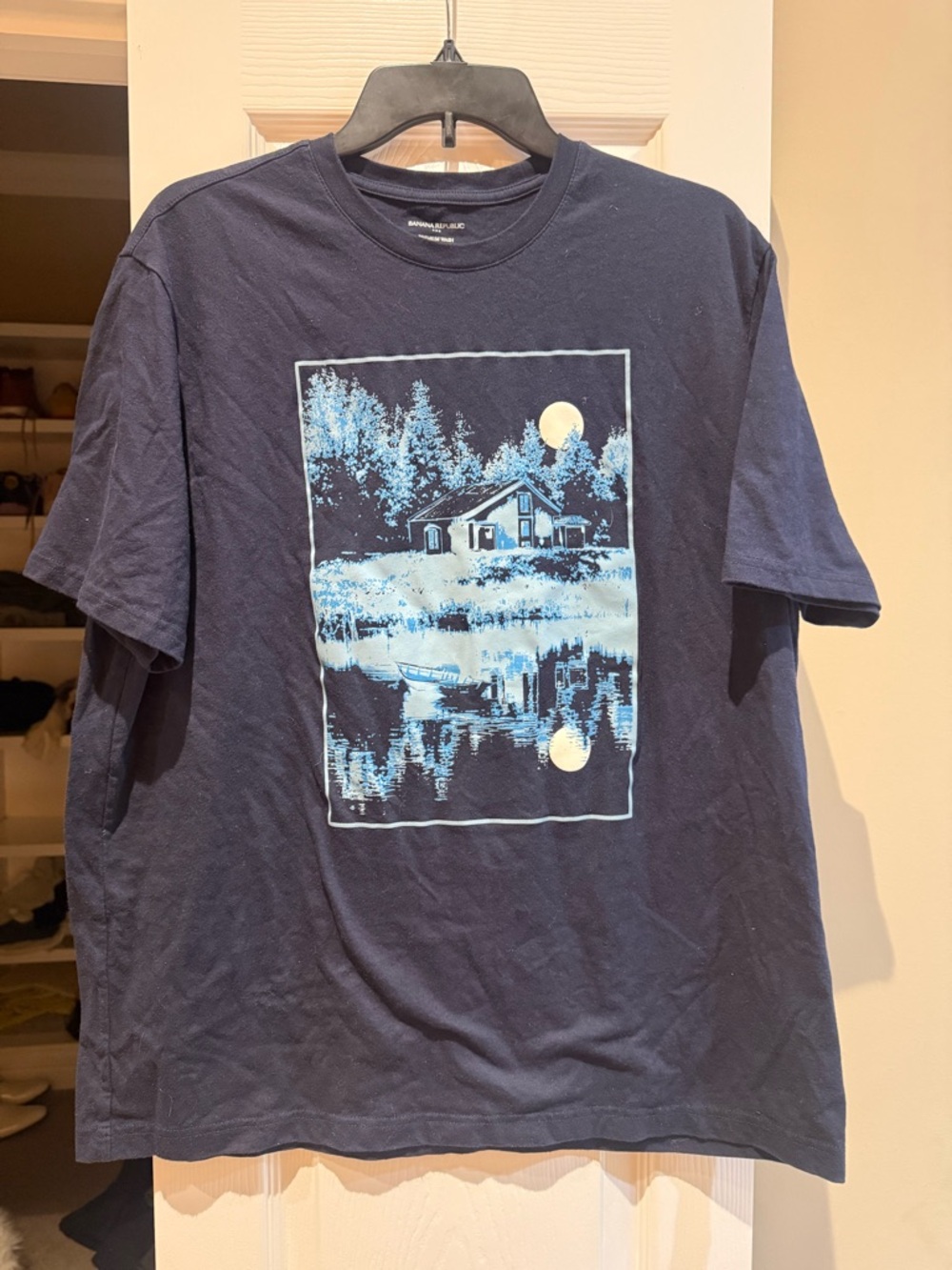 Banana Republic Navy Short-Sleeve Tee with Lakeside Cabin Graphic